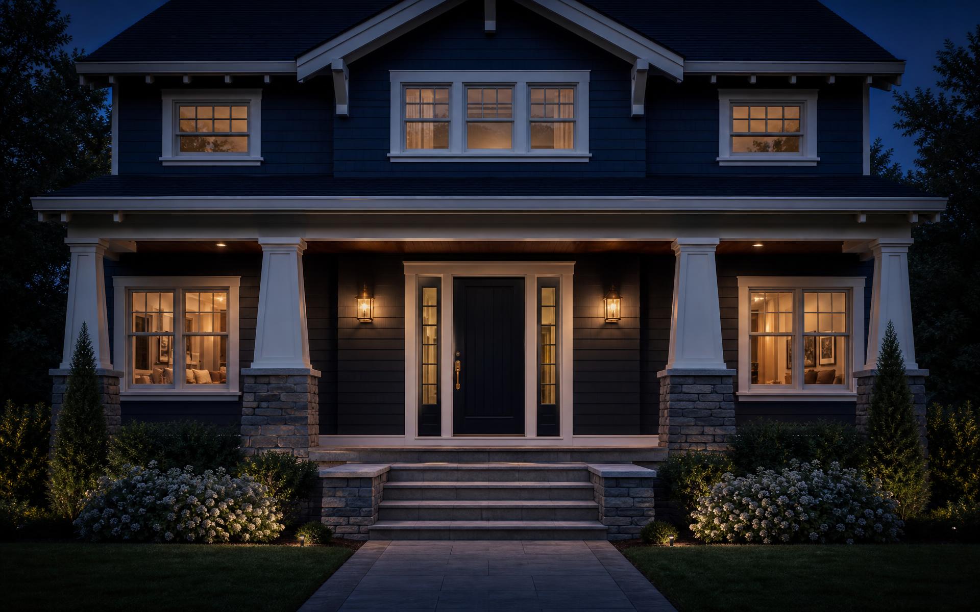 Front elevation of a home at dusk